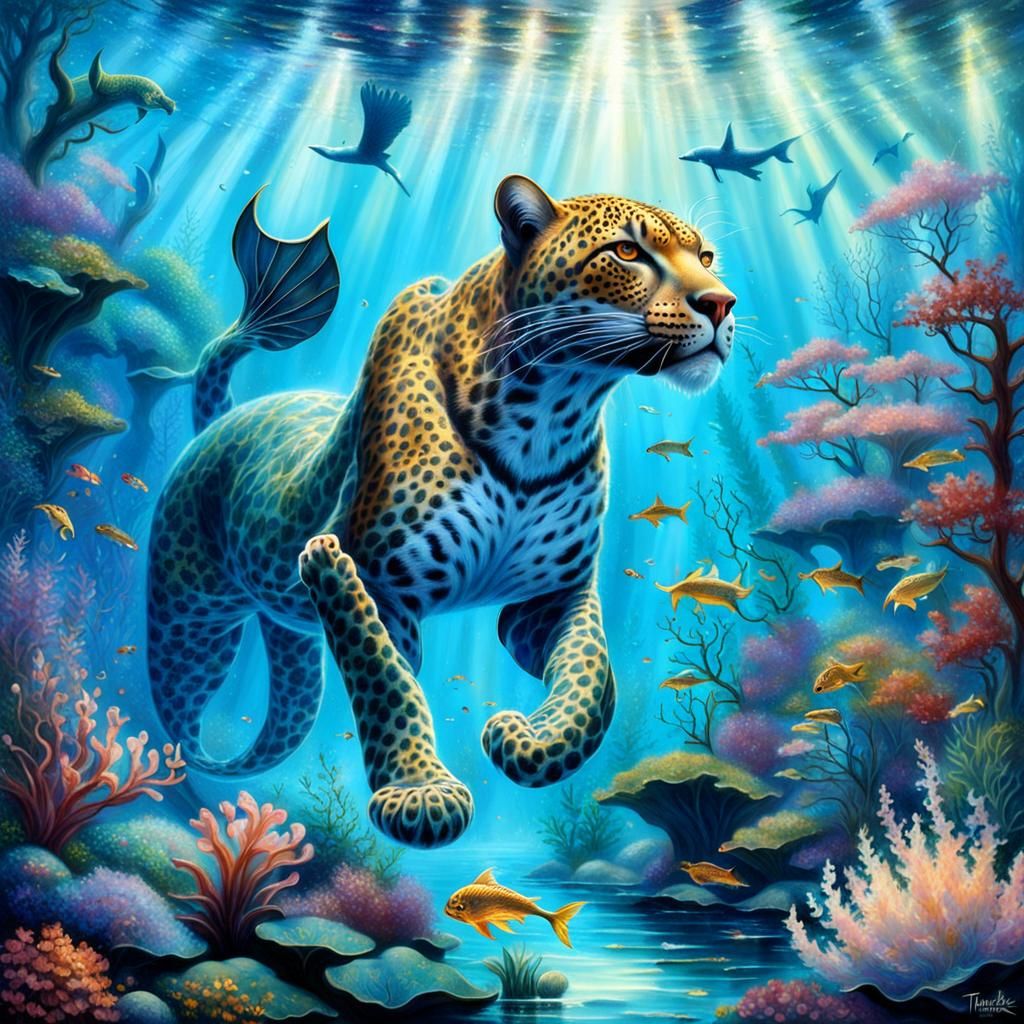 Mythical Leopard Mermaid Swimming in Ethereal Underwater Sce...