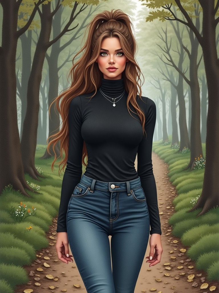 Woman in Mystic Garden, Charcoal Drawing