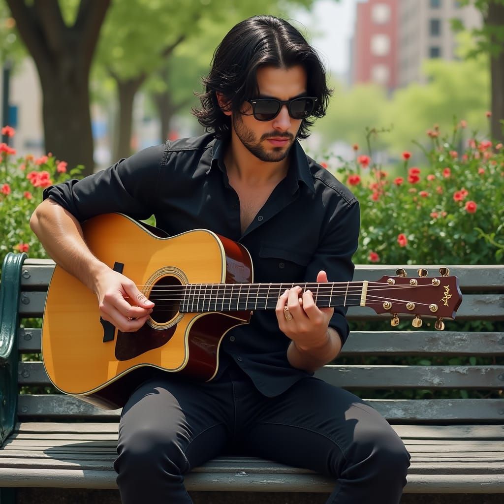 Hyperrealistic Portrait of Man Playing Guitar in Park