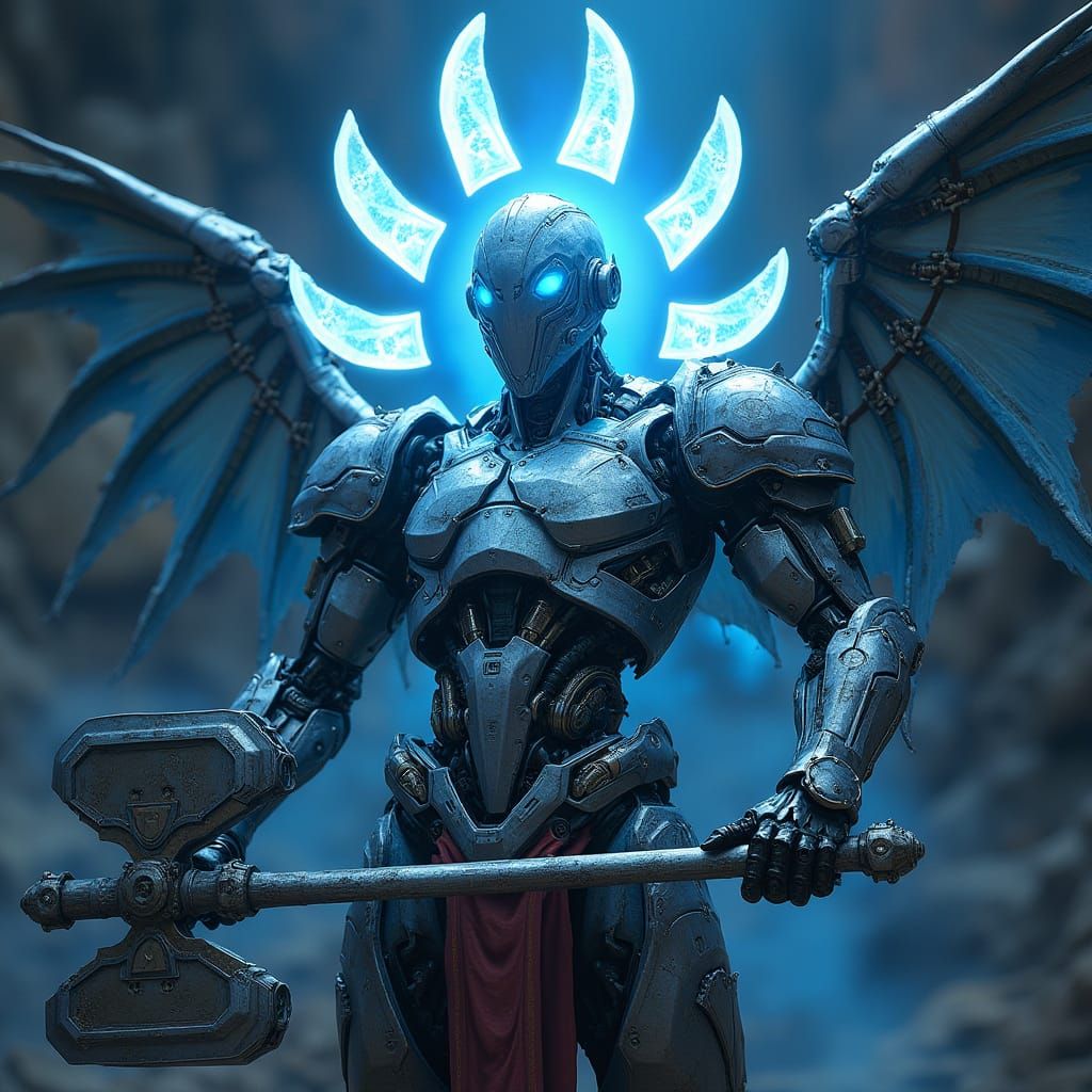 Cybernetic God of Machinery with Hammer and Wings