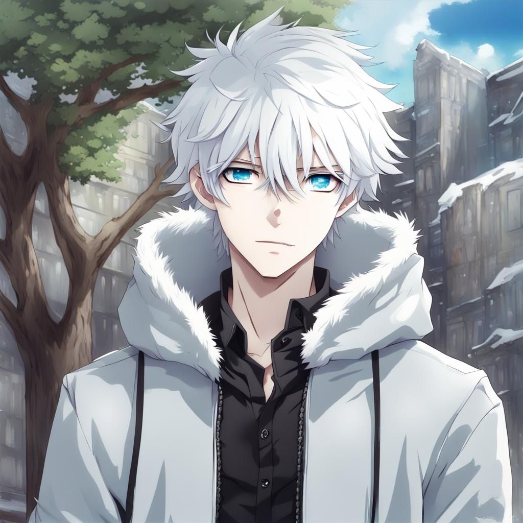 Anime Style Teenage Boy with White Hair and Blue Eyes