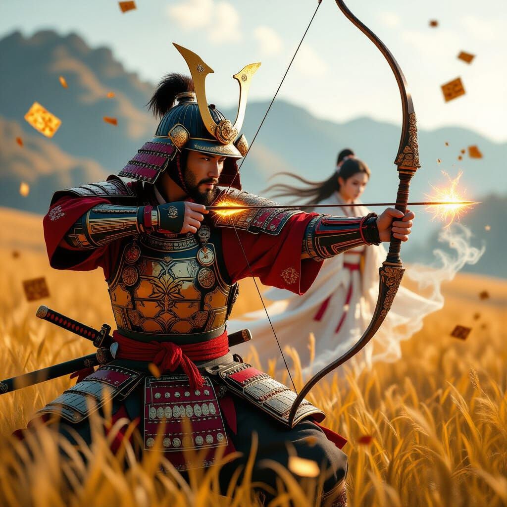 Cinematic Samurai in Golden Field Drawing Tiger Spirit Bow