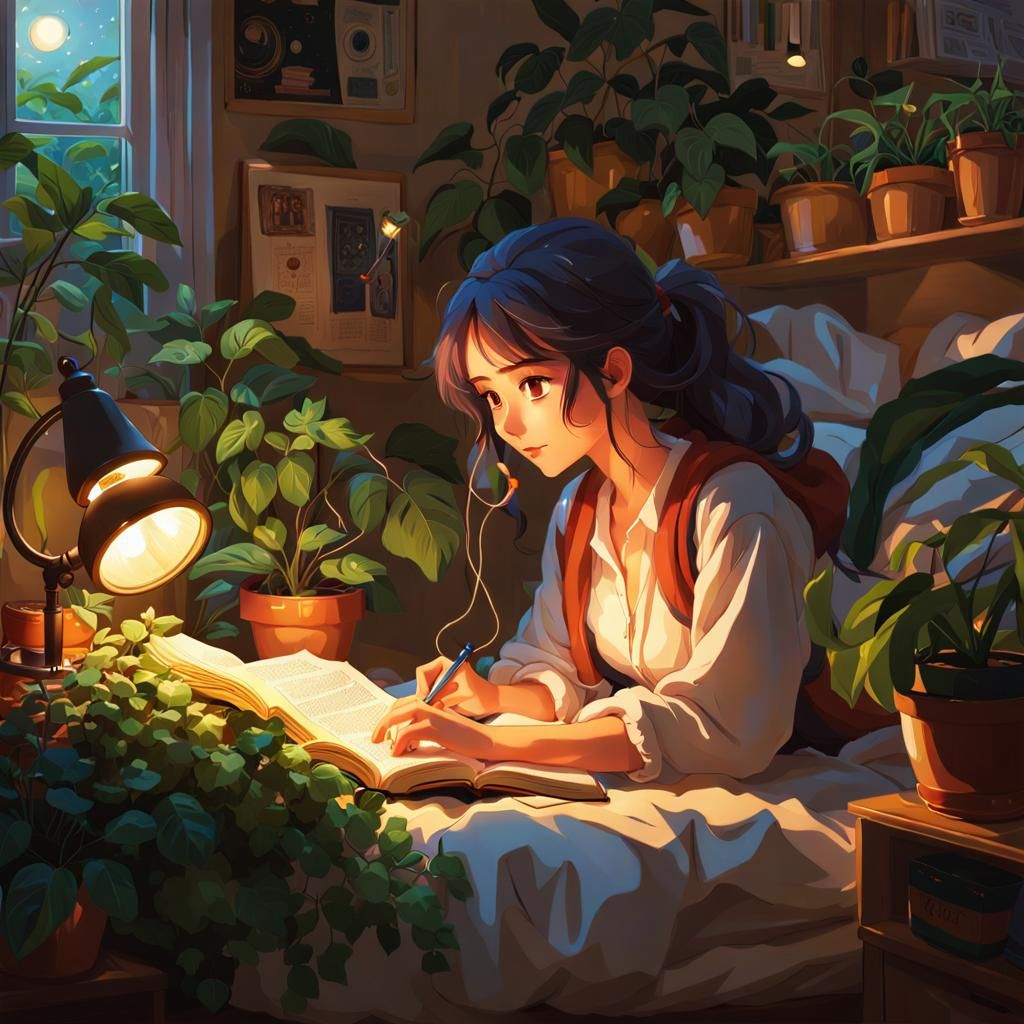 Cozy Anime Woman Studying in Messy Bedroom