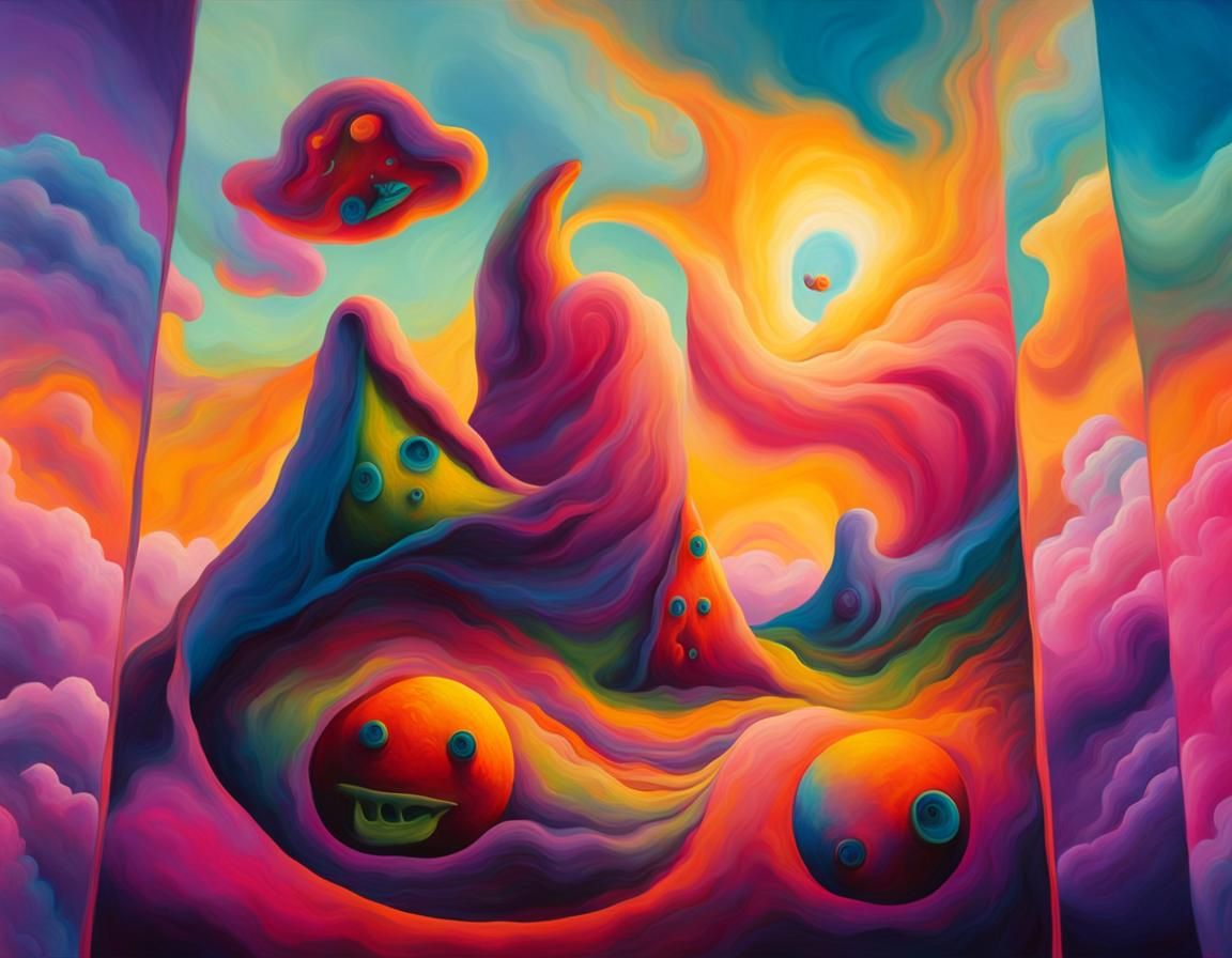 Surreal Shape Monsters in Dreamlike Sunset: Oil on Canvas