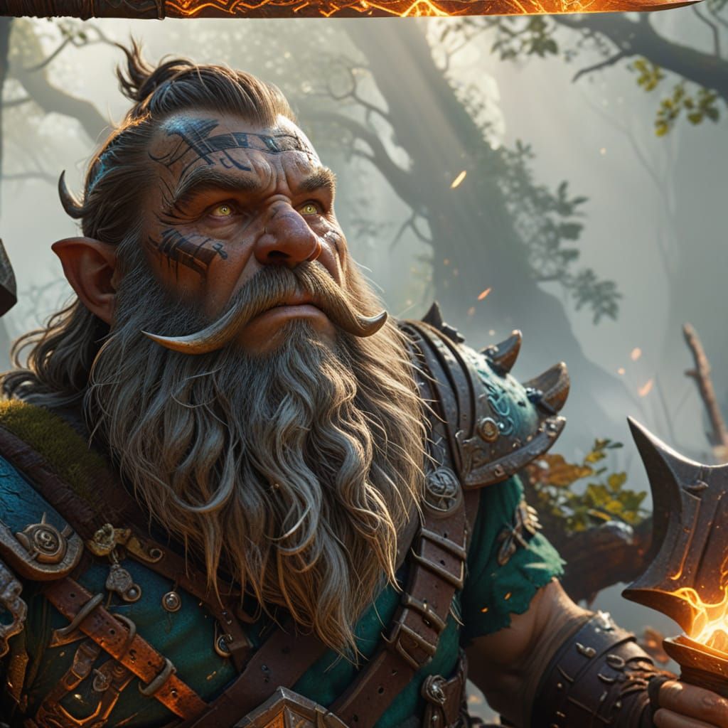 Dwarf Warrior in Mystical Forest, Close-Up