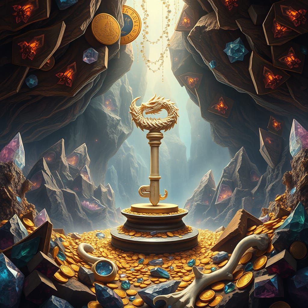 Ethereal Key Amidst Ancient Treasures in a Majestic Cave