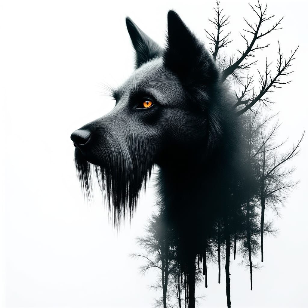 Dark Portrait of Irish Wolfhound Walking in Ink Blot Forest