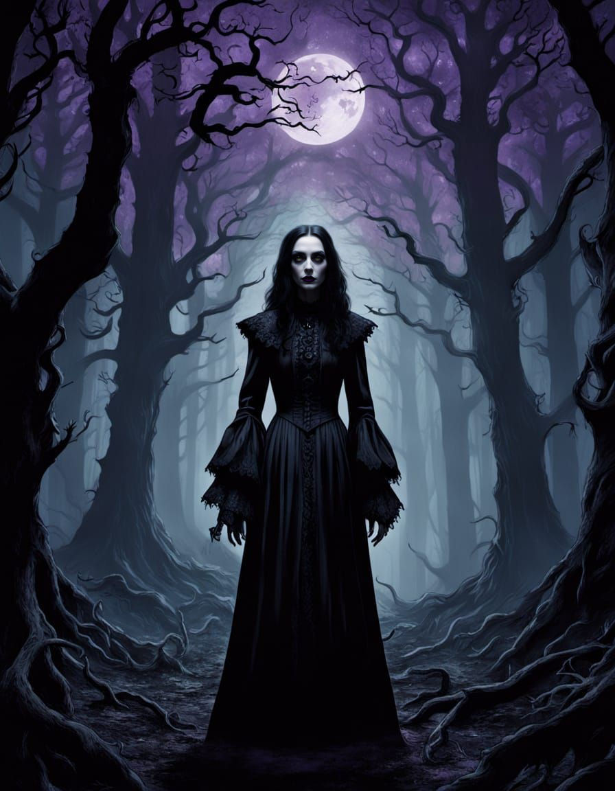 Gothic Witch in Lovecraftian Forest, Dark Romanticism Style
