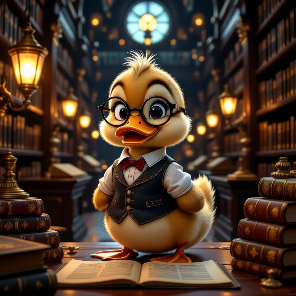 Mystical Duckling Librarian in Grand Library, Art Deco Style