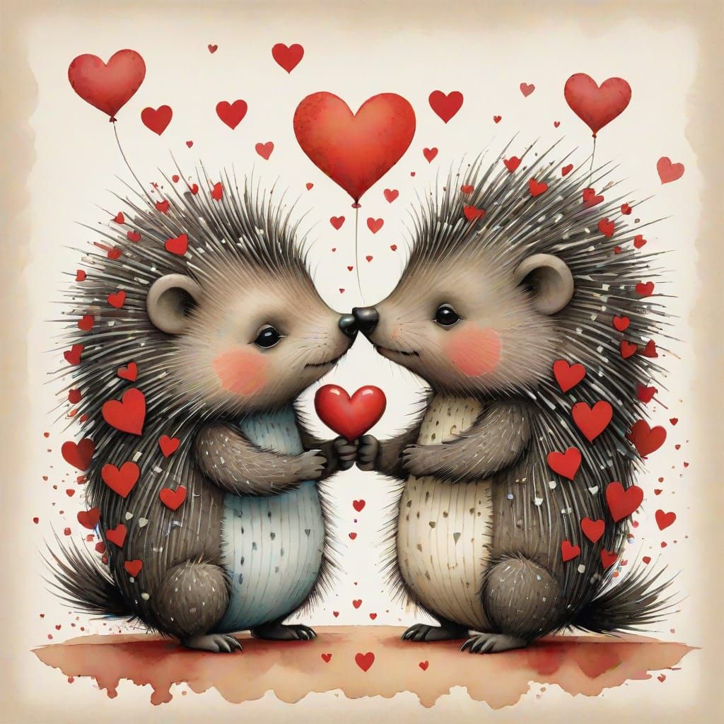 Whimsical Kissing Porcupines in Vibrant Doodle Art