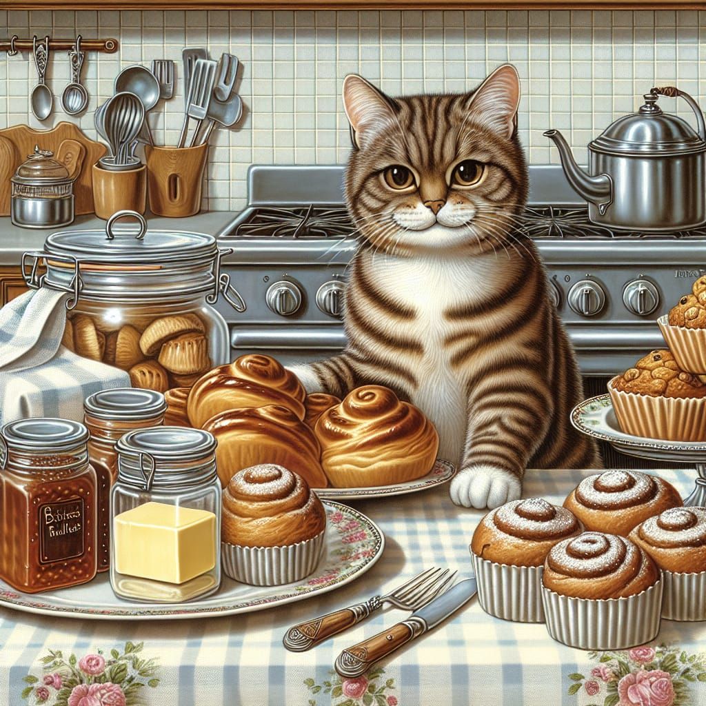 Tabby Cat Serves Baked Goods: 19th Century Oil Painting