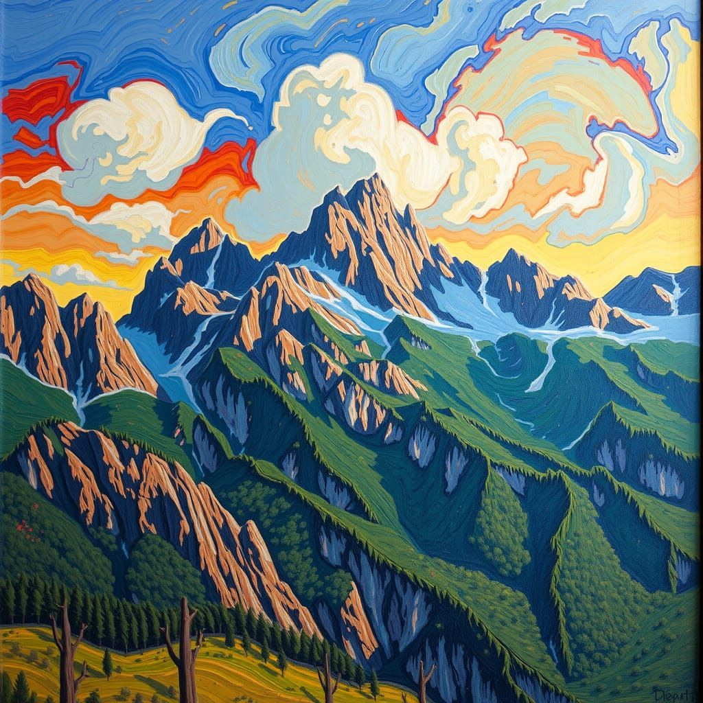Majestic Mountain Range in Expressionist Style