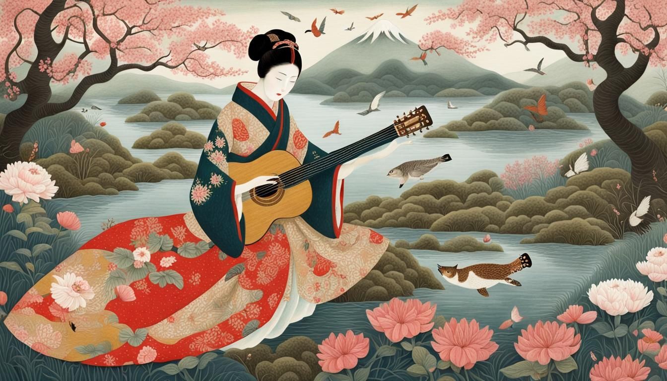 Dreamy Japanese Geisha in Vibrant Celestial Landscape