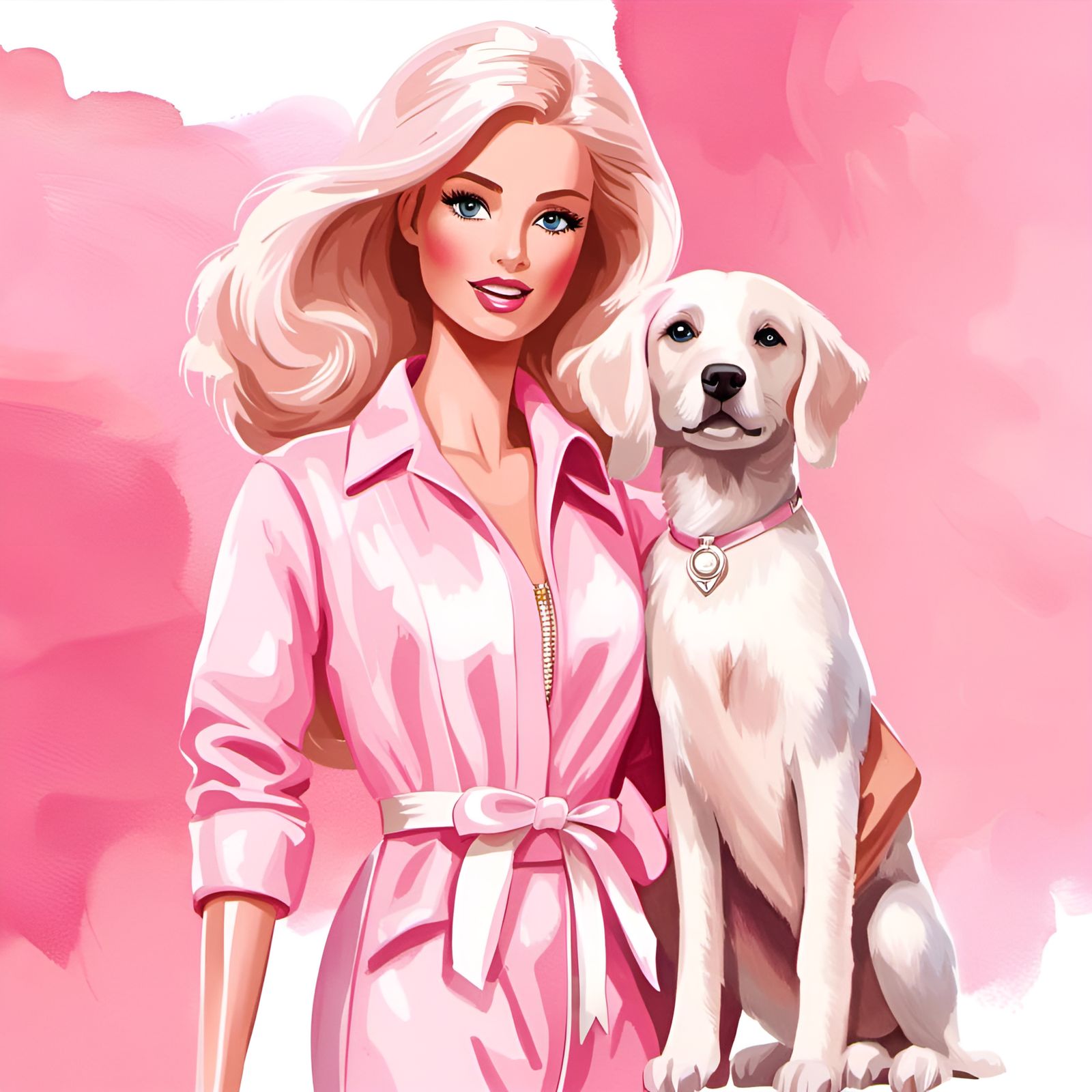 Stylish Barbie Doll Walks Puppy in Watercolor Style