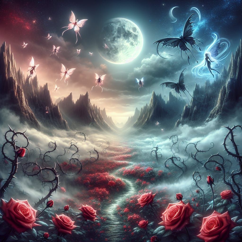 Nightmares Versus Dreams, moon mist, fairy red roses, thorns, song