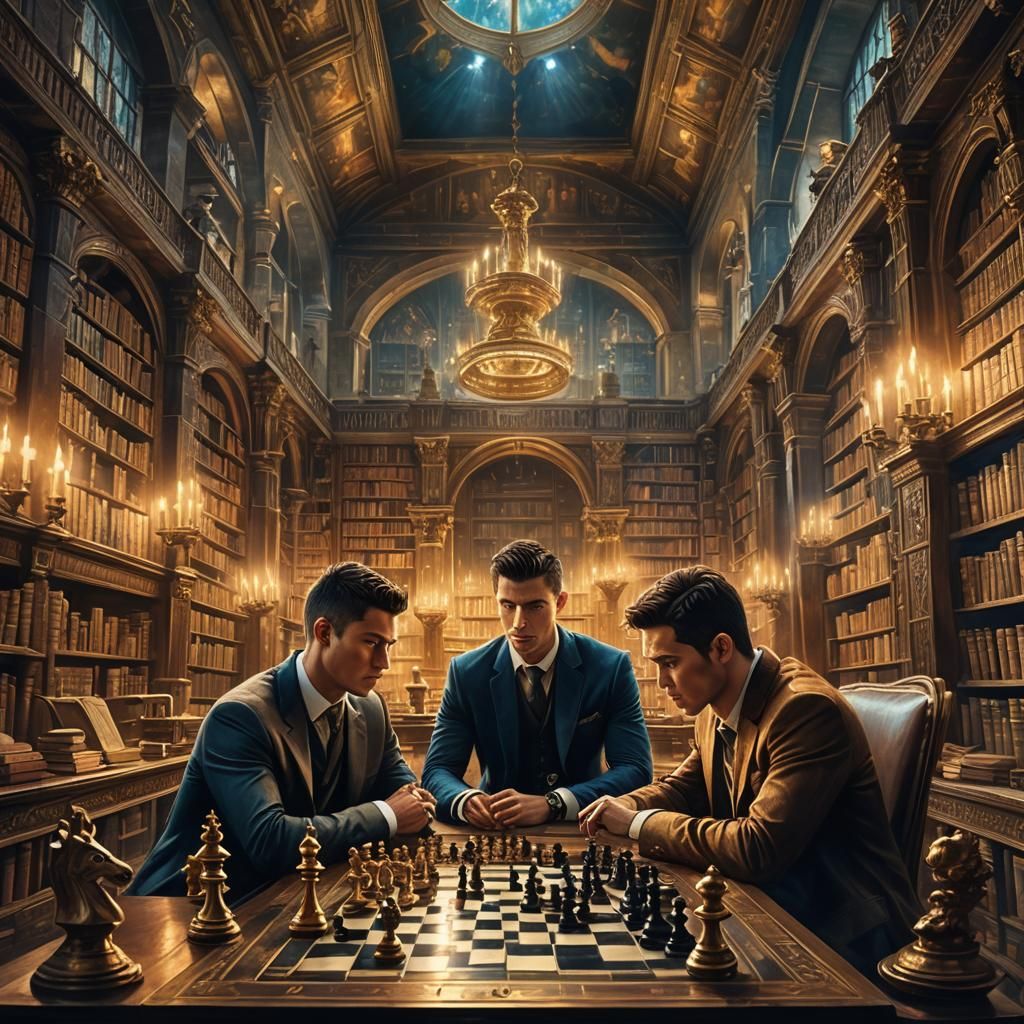 Ronaldo and Messi Play Chess in Mystical Library