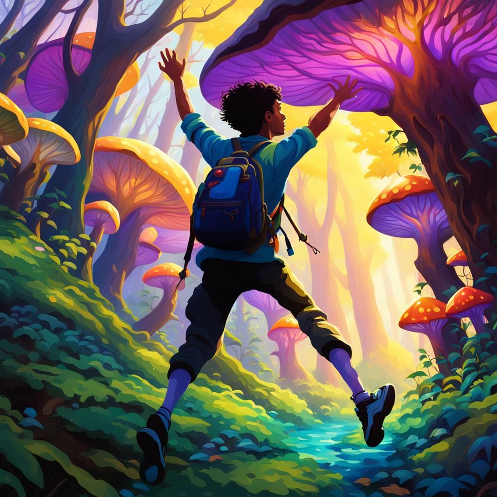 Adventurer Leaping Through Mystical Forest Oil Painting