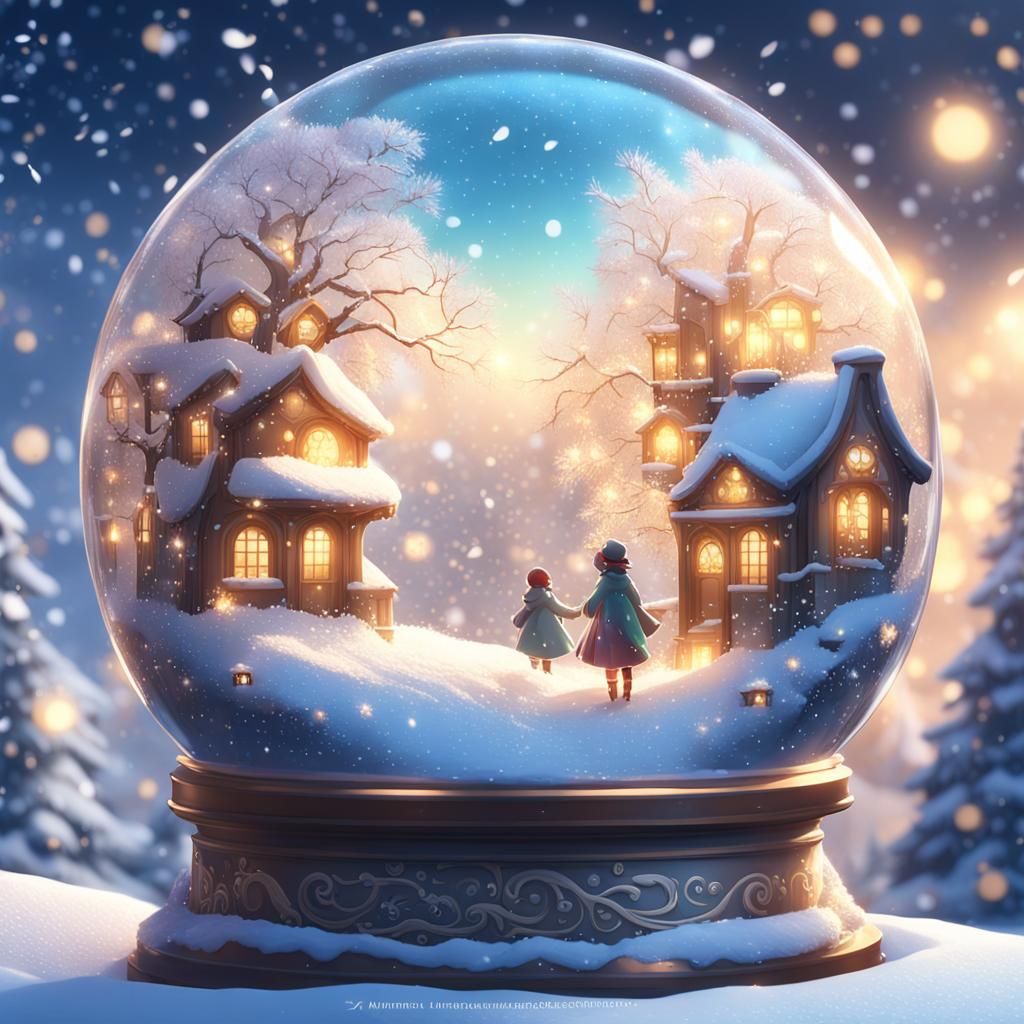 Enchanting Snow Globe Scene in 3D Anime Art