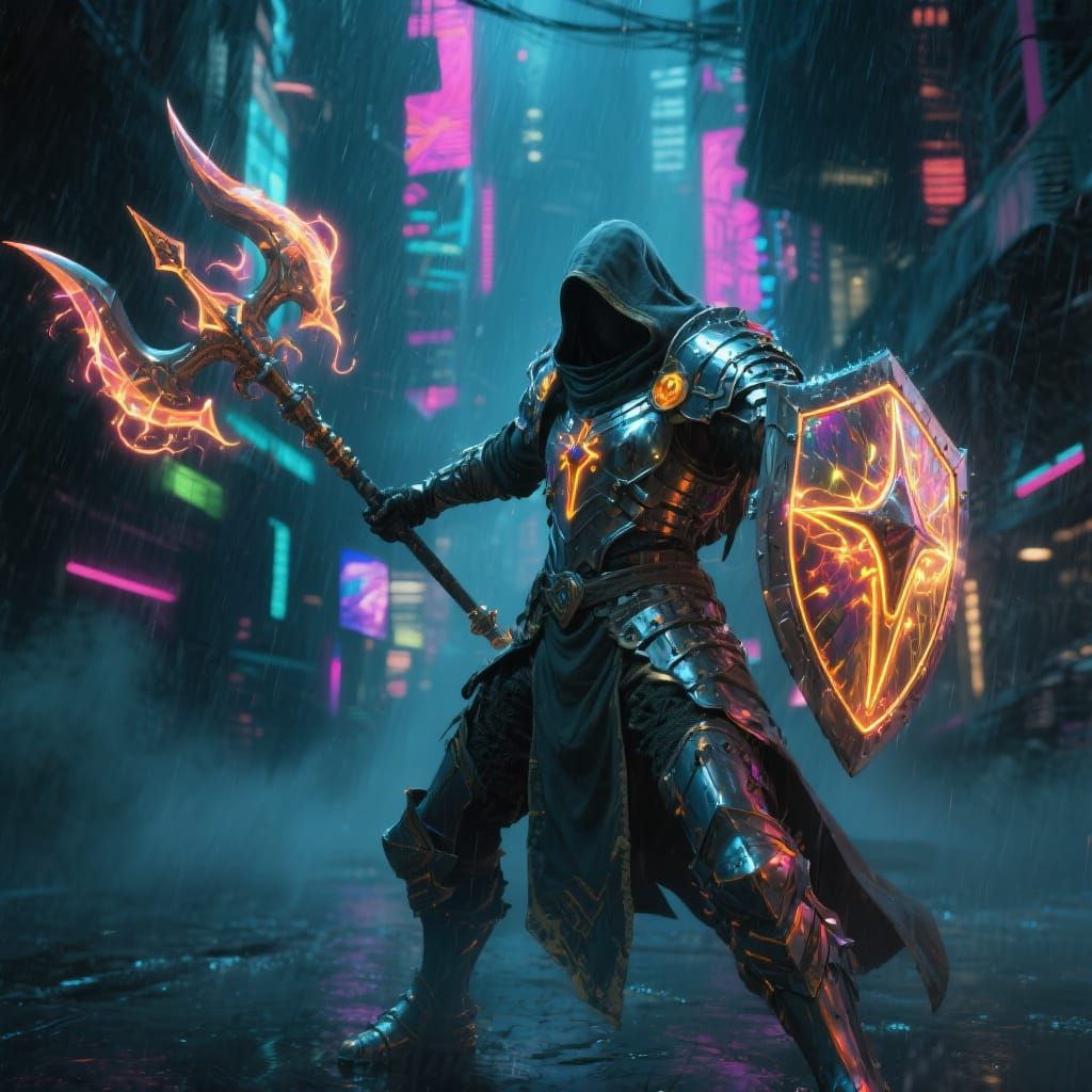 Cyberpunk Warforged Paladin with Magical Halberd