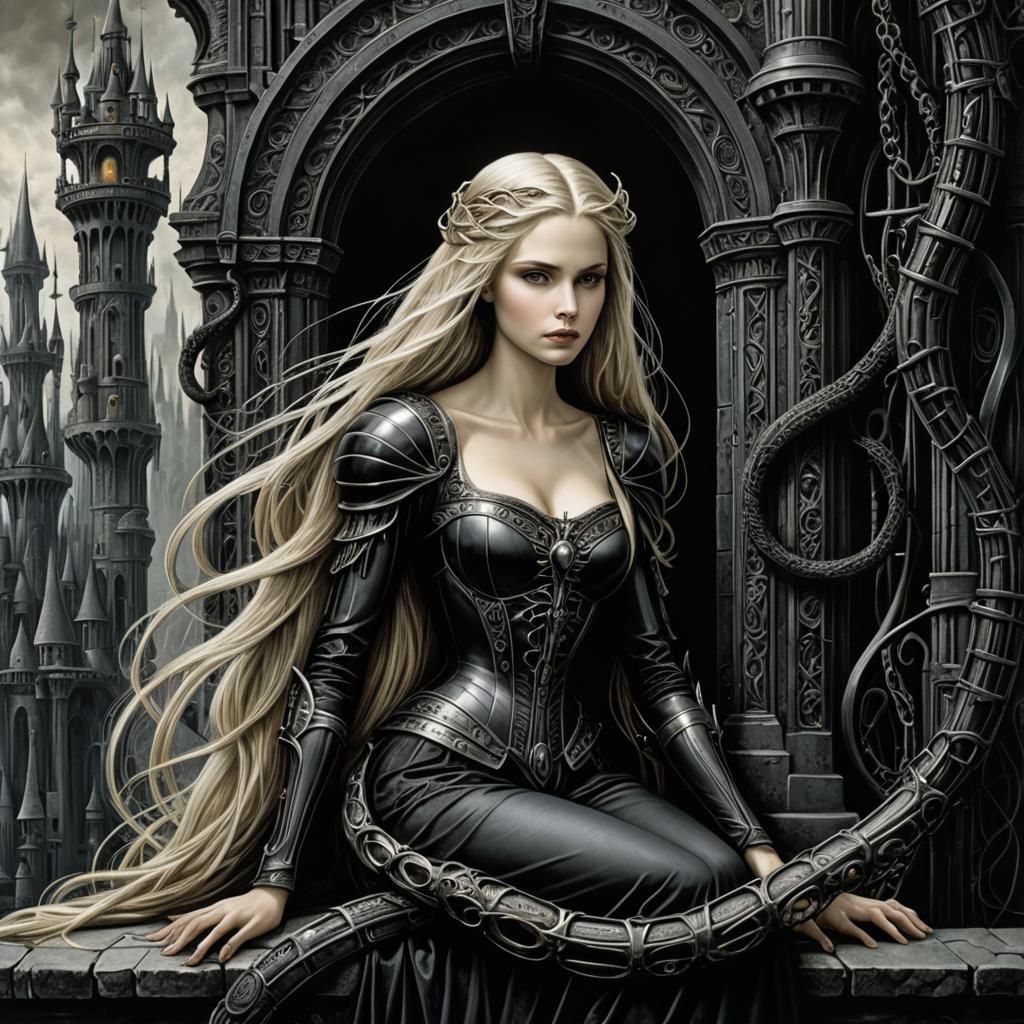 Rapunzel in Giger's Biomechanical Fairy Tale Style