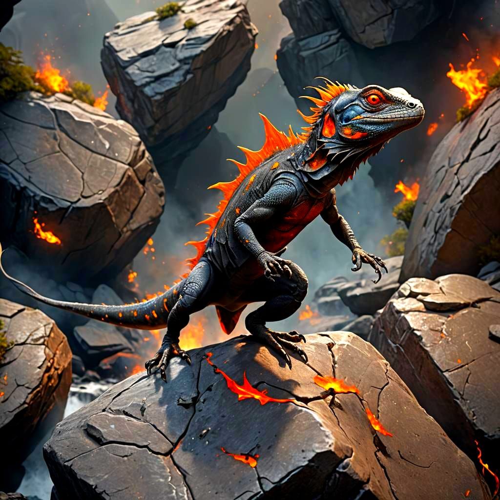 Fiery-Spined Lizard on a Rock, Matte Painting