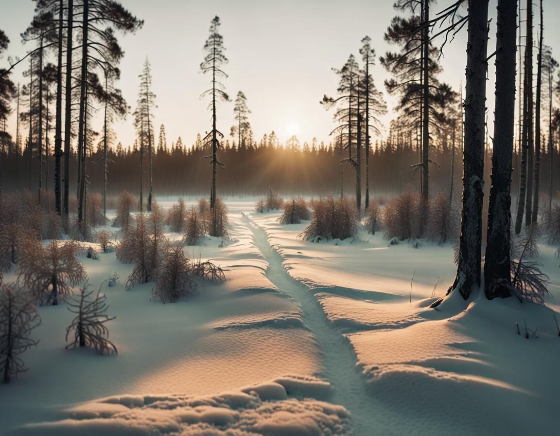 Eerie Winter Landscape with Ski Track at Golden Hour