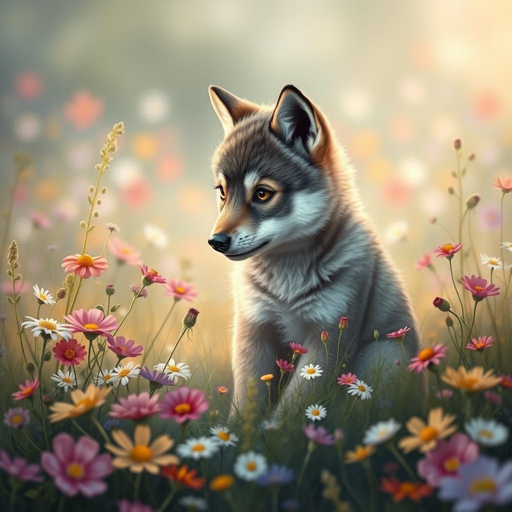 Mystical Wolf Pup in Floral Meadow