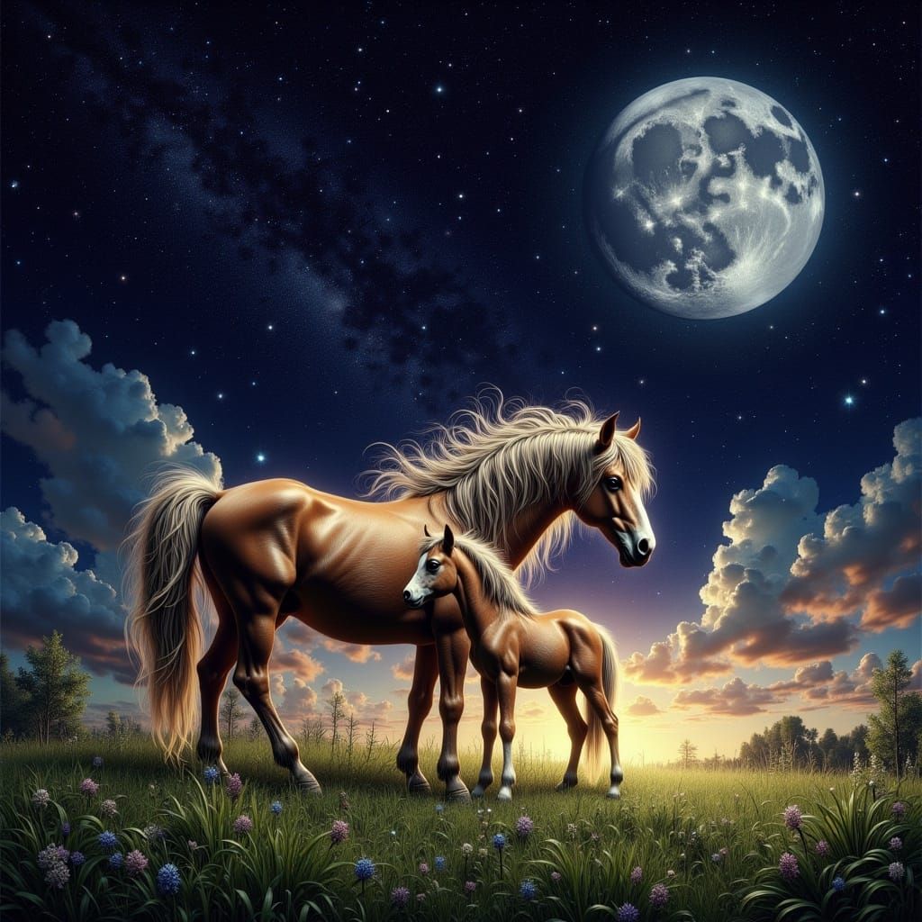 Ethereal Mare and Foal Under Starry Night Skies