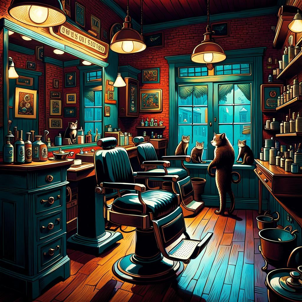 Barber Shop with Monkeys and Cats, in Eads Style