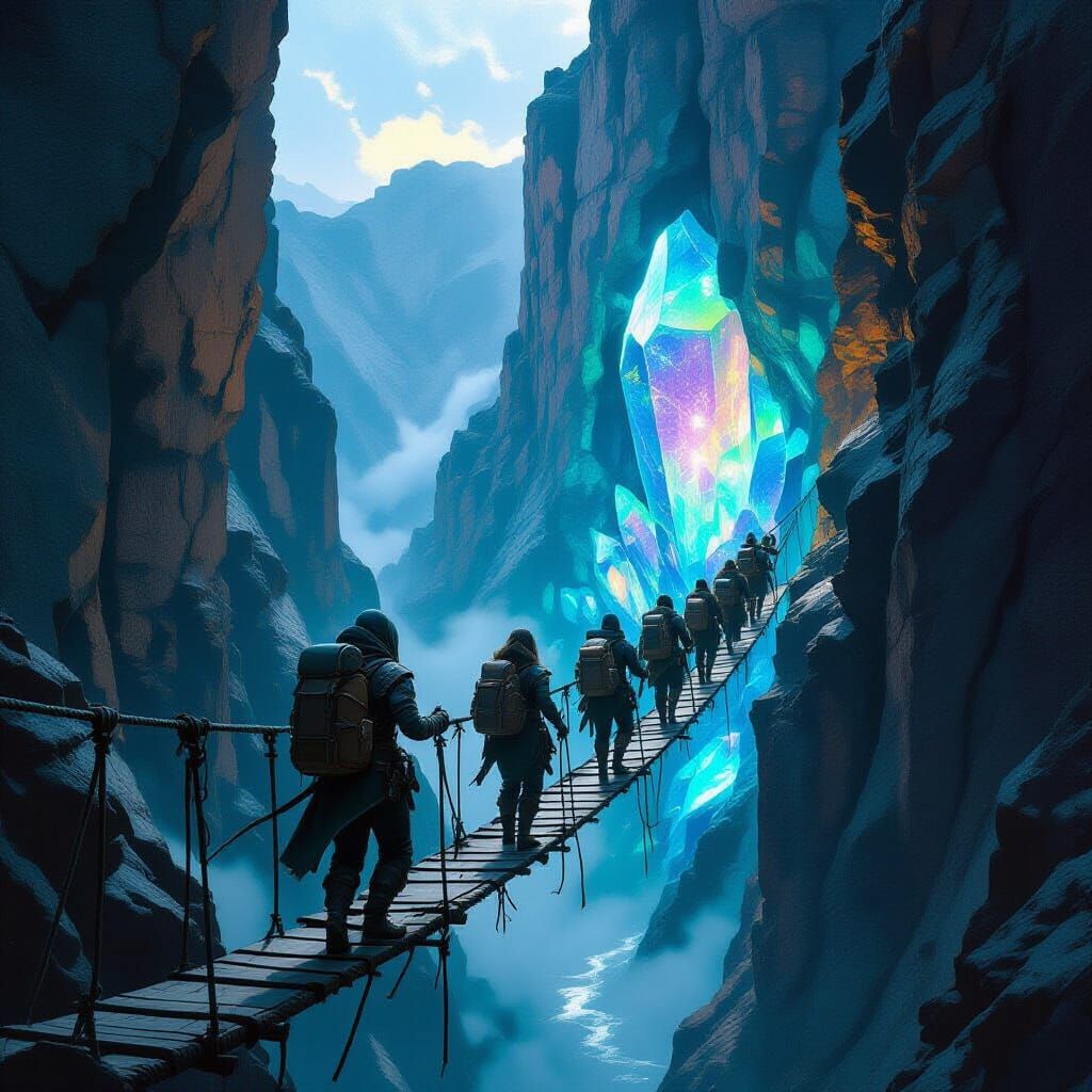 Adventurers Cross Crystalline Canyon: Cinematic Illustration