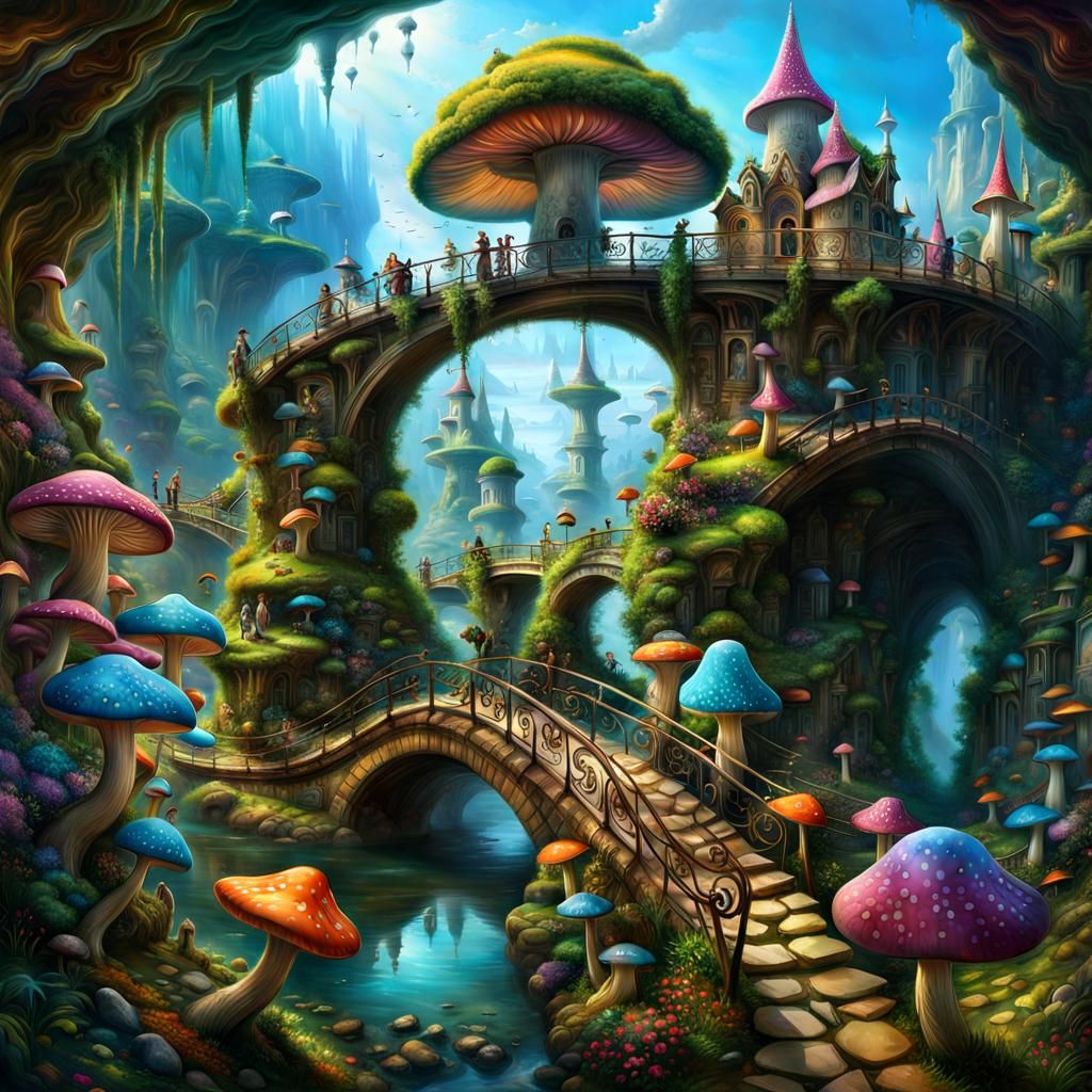 Colorful Mushroom Wonderland with Cobblestone Paths