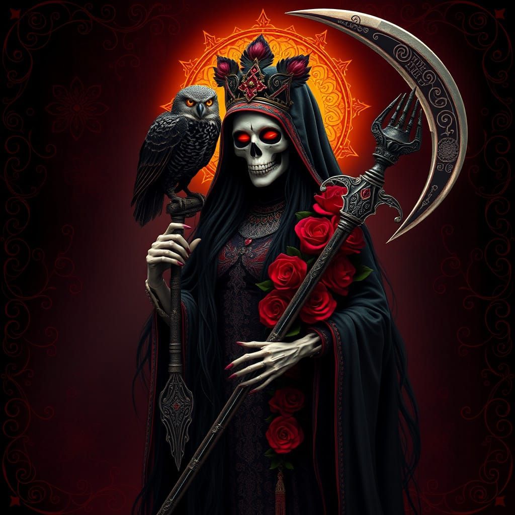La Santa Muerte, Grim Reaper Goddess in Crimson and Gold, Ad...