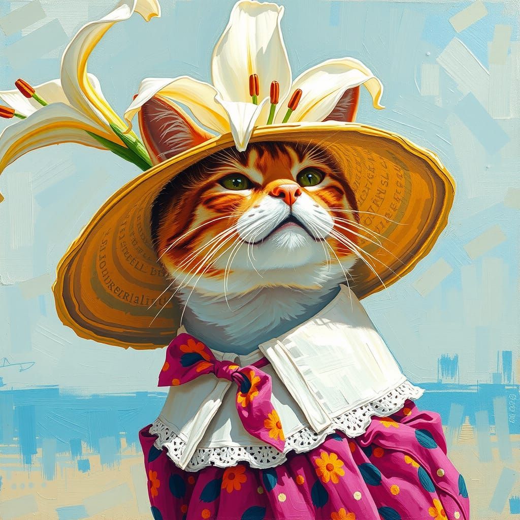 Cat in Beach Dress with Lily Hat: Expressionist Impasto Pain...