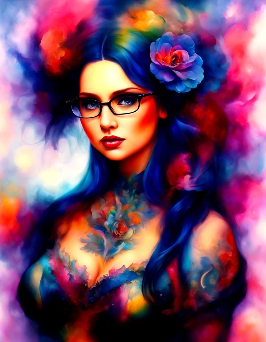 Tattooed Woman Portrait in Alcohol Ink and Oil