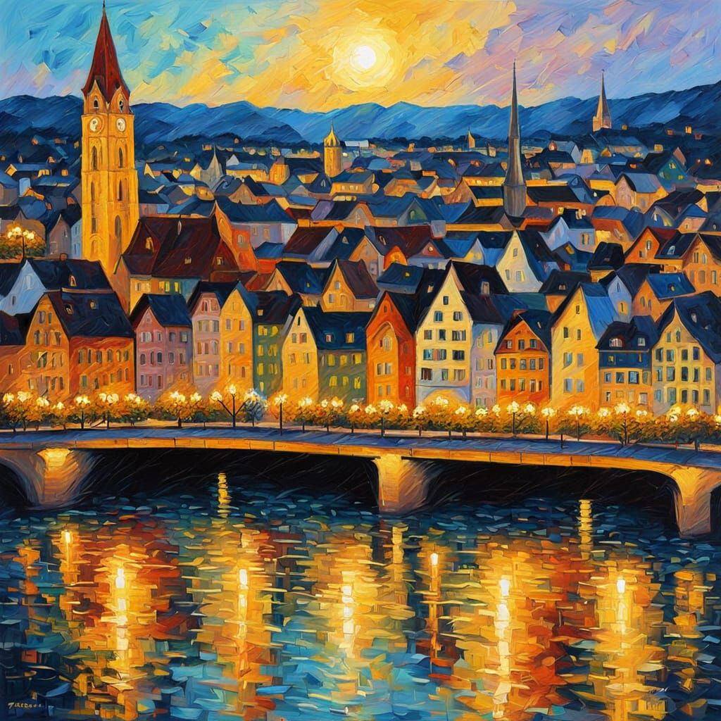 Basel Switzerland Cityscape in Neo-Impressionist Style