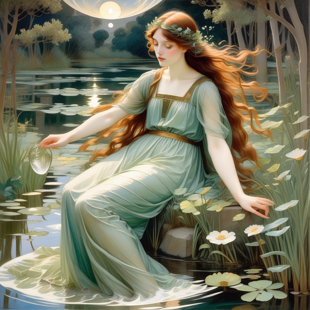 Water Nymph in Lush Greenery Under Moonlight
