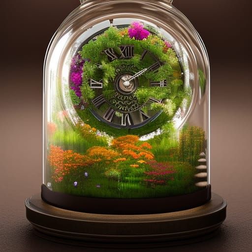 Clockwork Garden in a Jar, Dreamy Digital Art