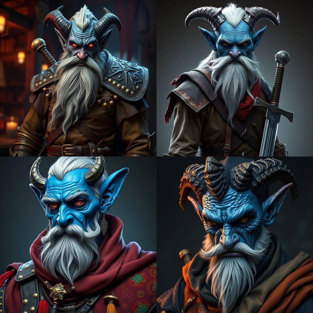 Elegant Blue Tiefling Merchant in Fiendish Splendor