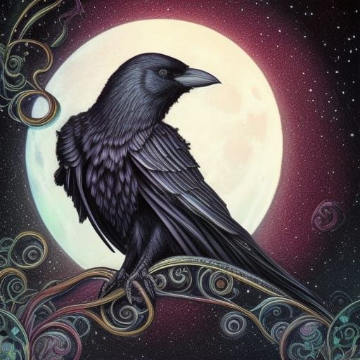Cosmic Crow and Moon Digital Art
