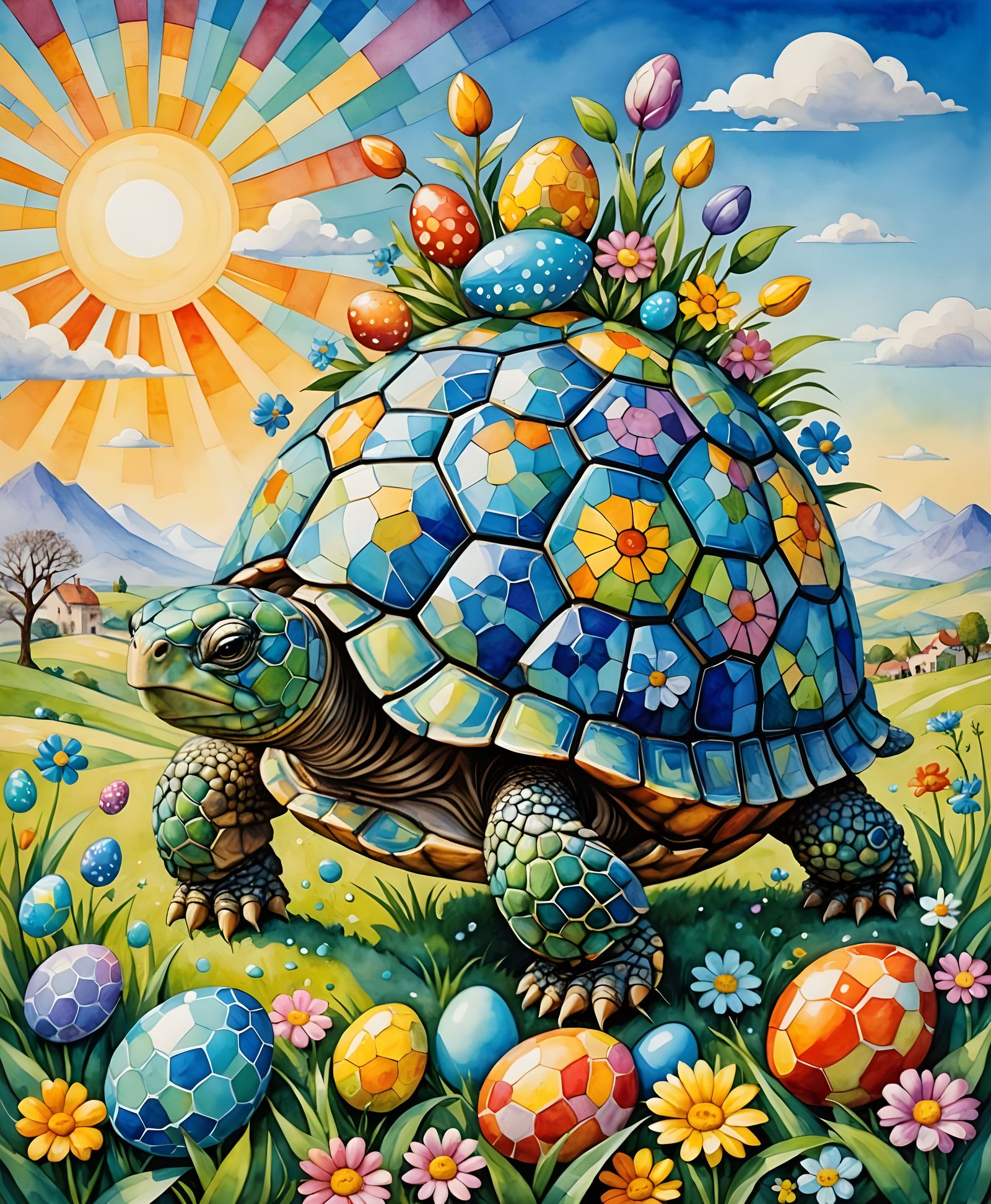 Vibrant Easter Cubist Scene in Watercolor