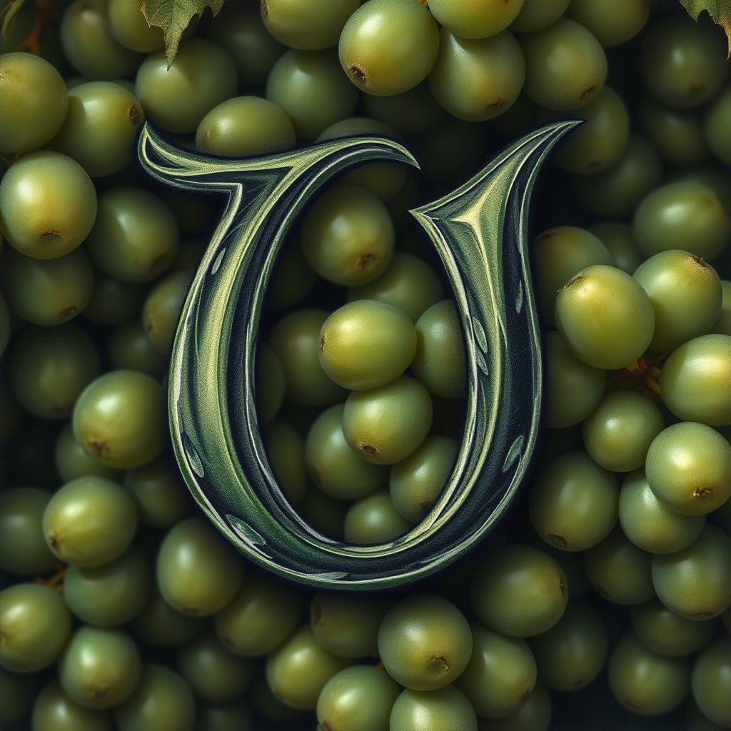Intricate Green Letter U with Grapes in Charcoal Drawing