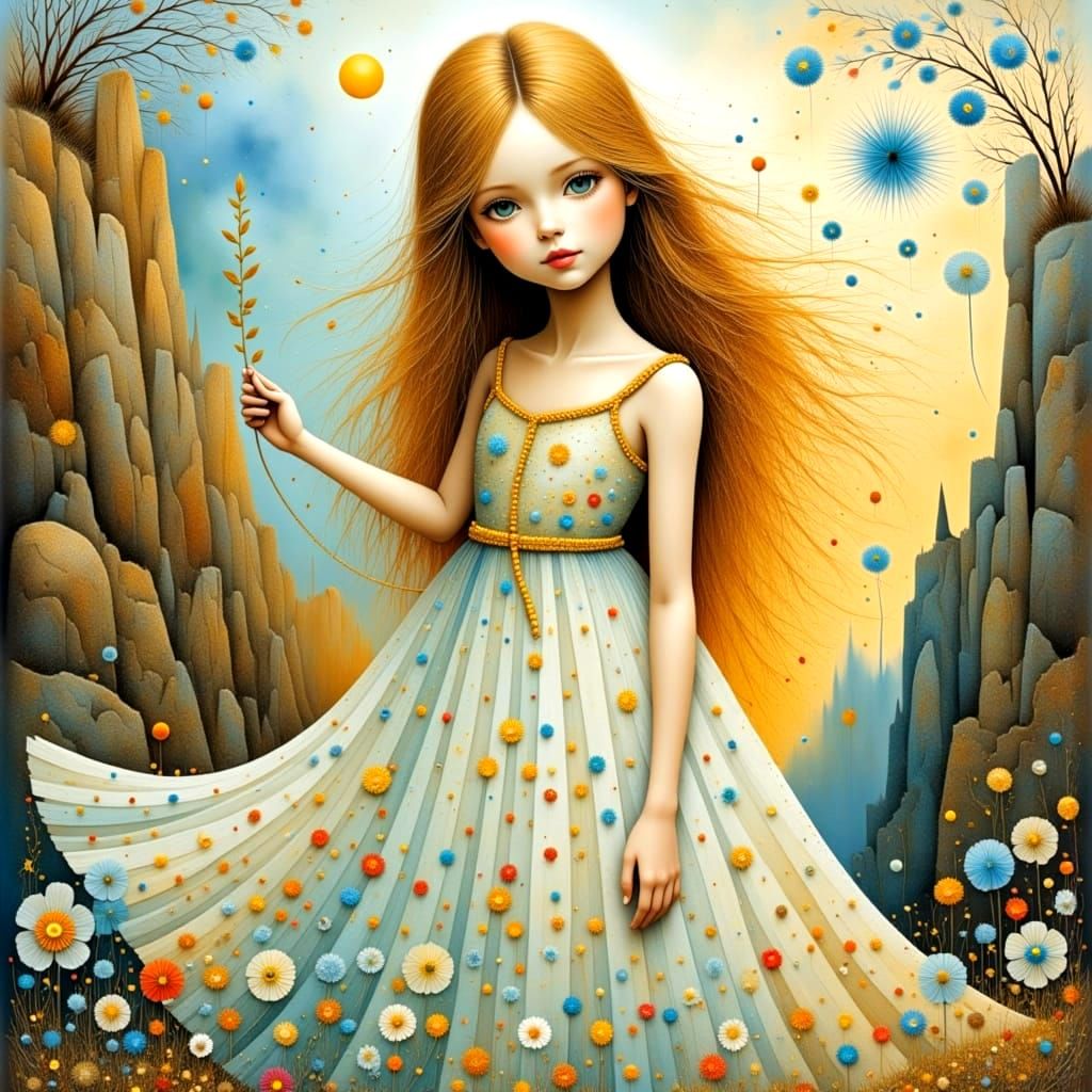 Surreal Girl in Dreamy Coastal Garden with Soft Pastel Tones