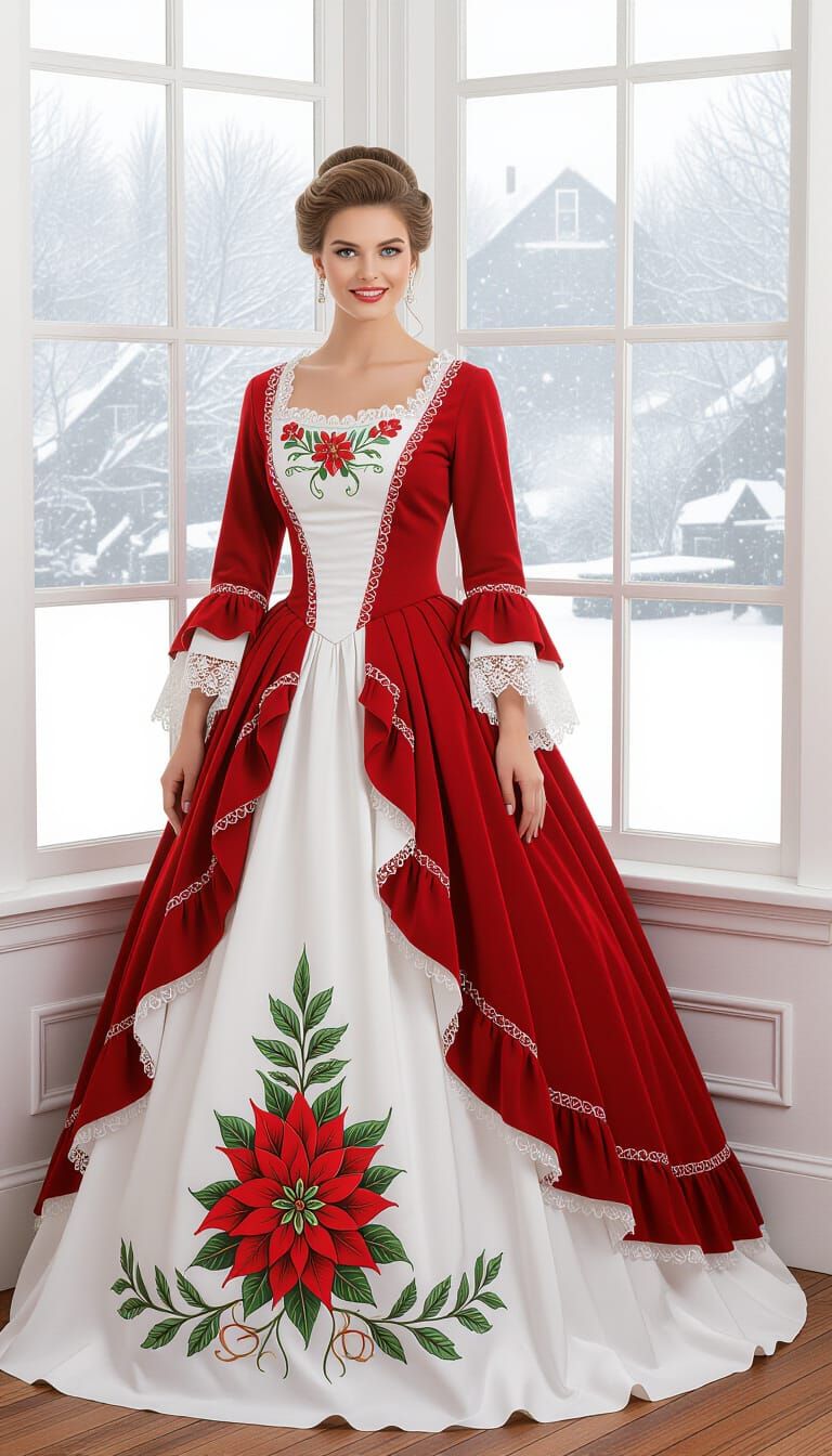 Victorian Lady in Poinsettia Dress by Snowy Window