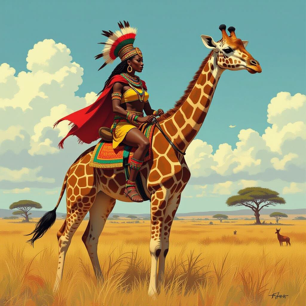 African Amazon Warrior Riding Giraffe