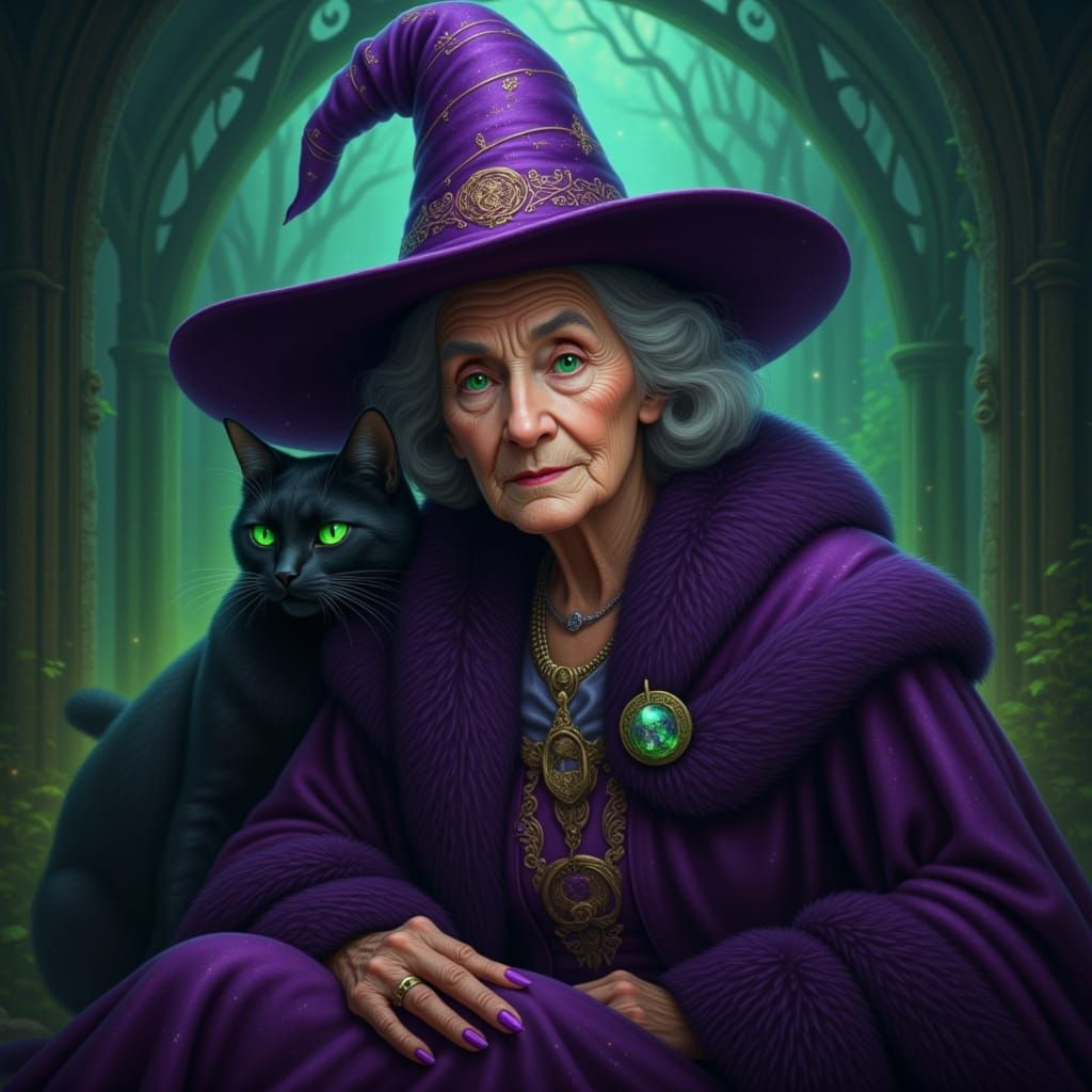 Elena the Witch and Albus the Cat in Mystical Setting