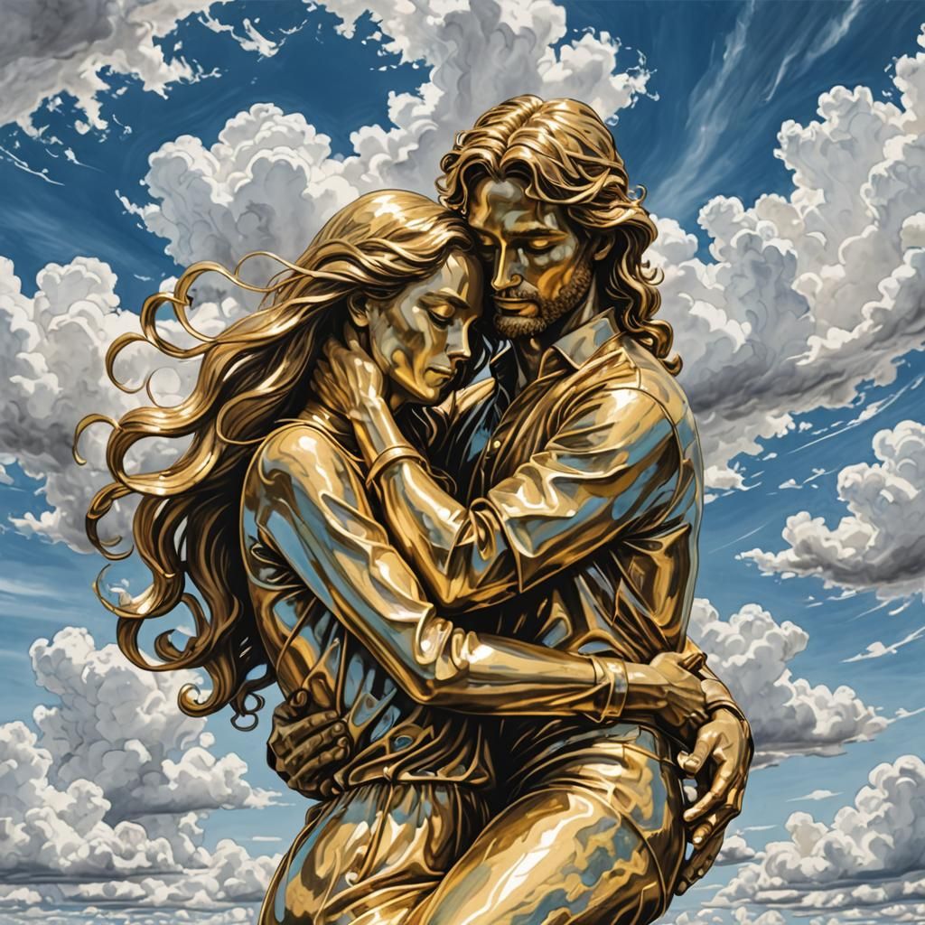 Golden Couple Statue Embracing in Blue Sky