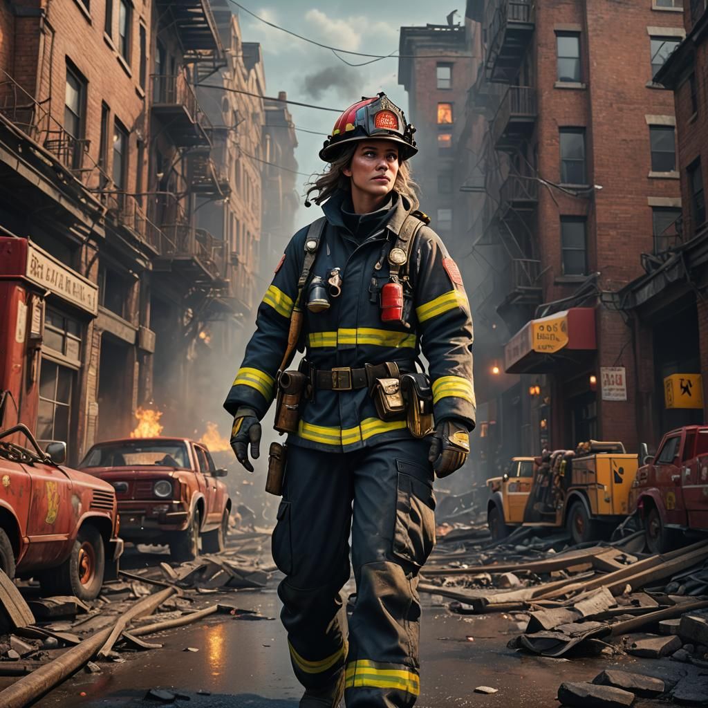 Heroic Female Firefighter in Detailed Matte Painting
