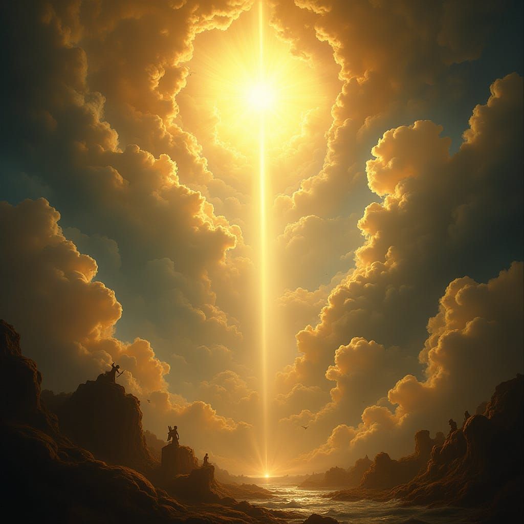 Divine Golden Light Opens Celestial Sky with Swirling Clouds