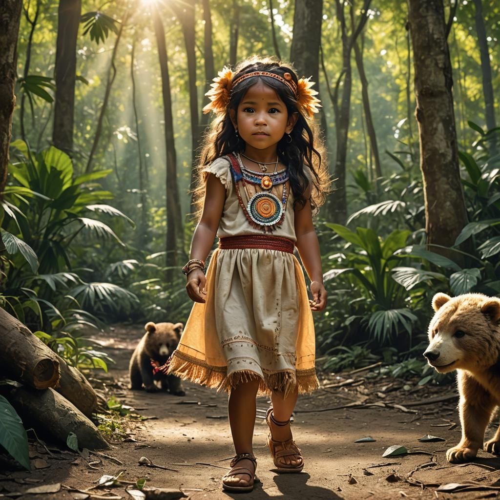 Taino Princess Playing with Bear Cub in Forest