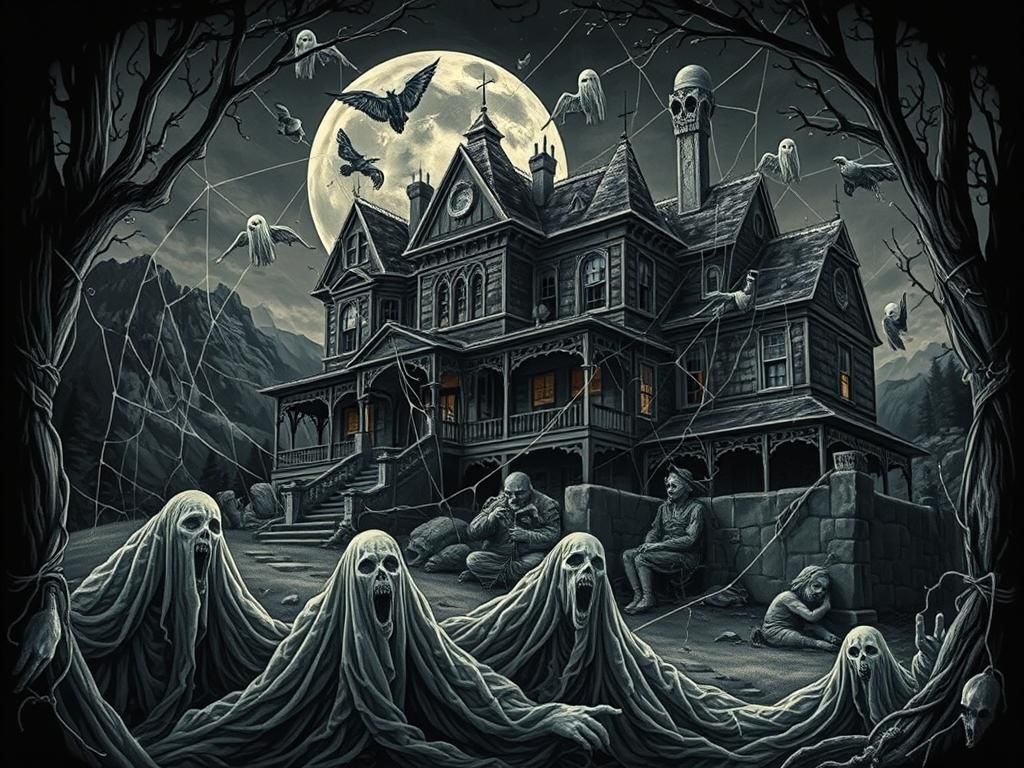 Haunted Manor Portrait with Gothic Line Art